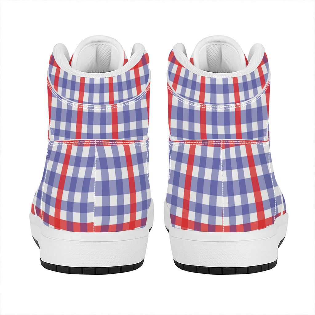 Blue Red And White Check Pattern Print High Top Leather Sneakers