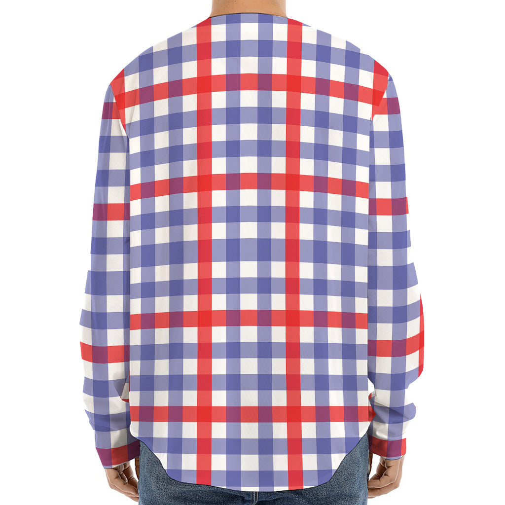 Blue Red And White Check Pattern Print Long Sleeve Baseball Jersey