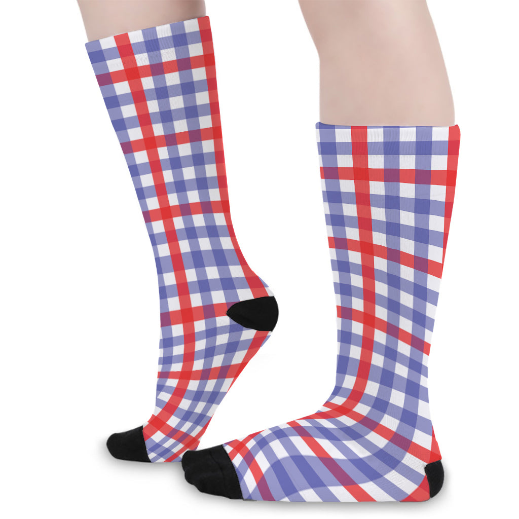 Blue Red And White Check Pattern Print Long Socks