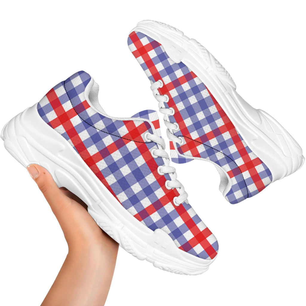 Blue Red And White Check Pattern Print White Chunky Shoes