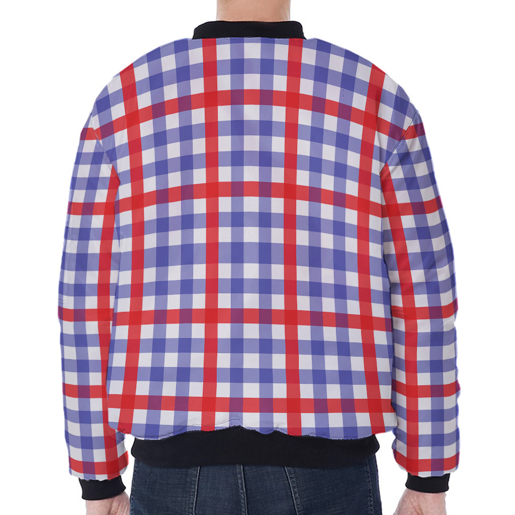 Blue Red And White Check Pattern Print Zip Sleeve Bomber Jacket
