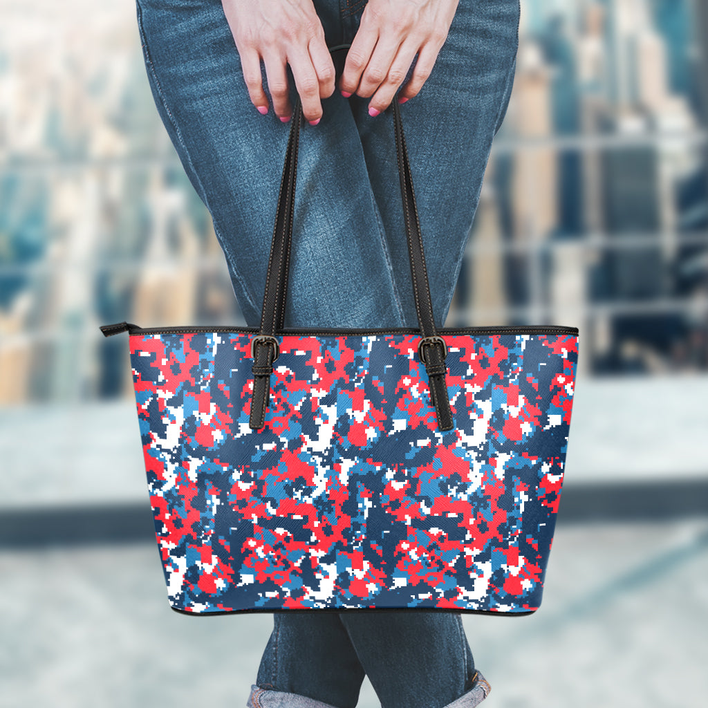 Blue Red And White Digital Camo Print Leather Tote Bag