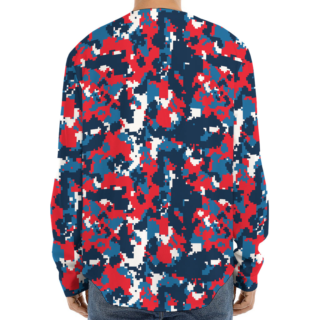 Blue Red And White Digital Camo Print Long Sleeve Baseball Jersey