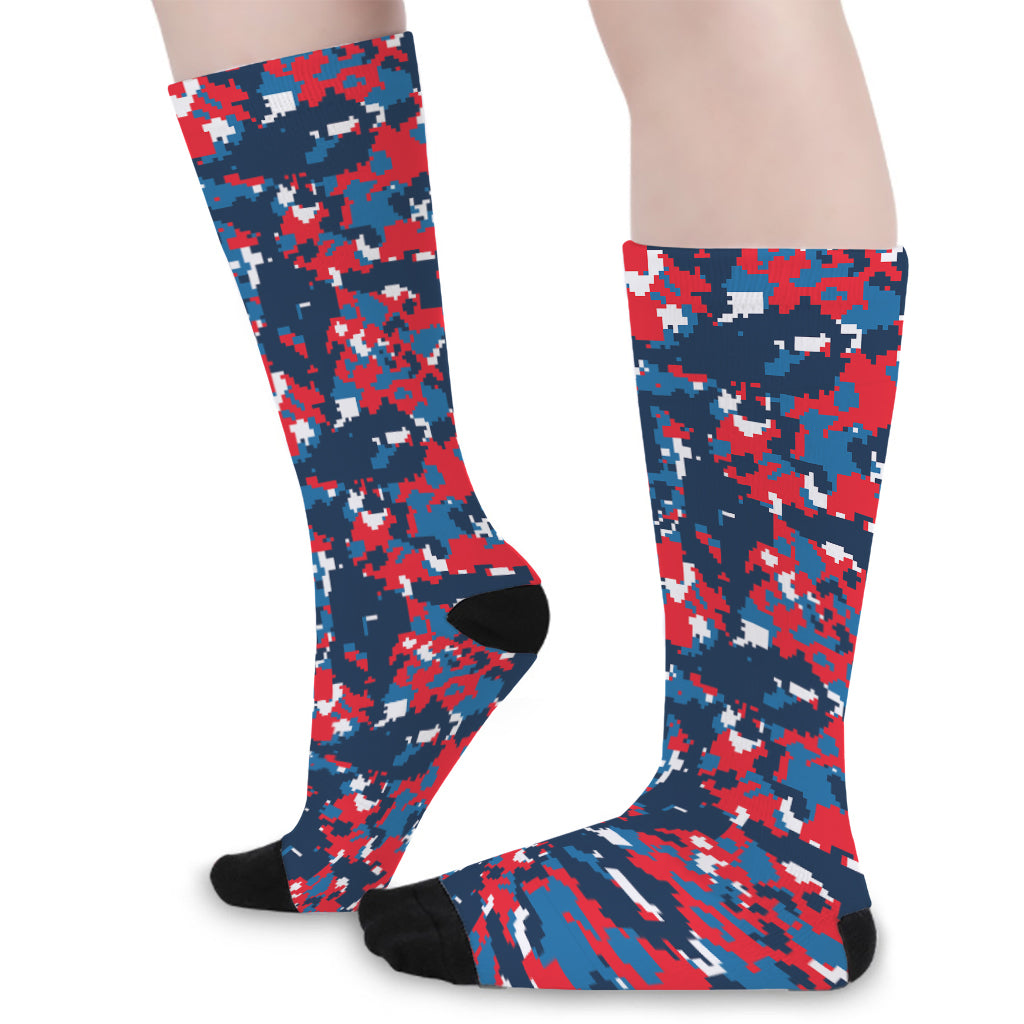 Blue Red And White Digital Camo Print Long Socks