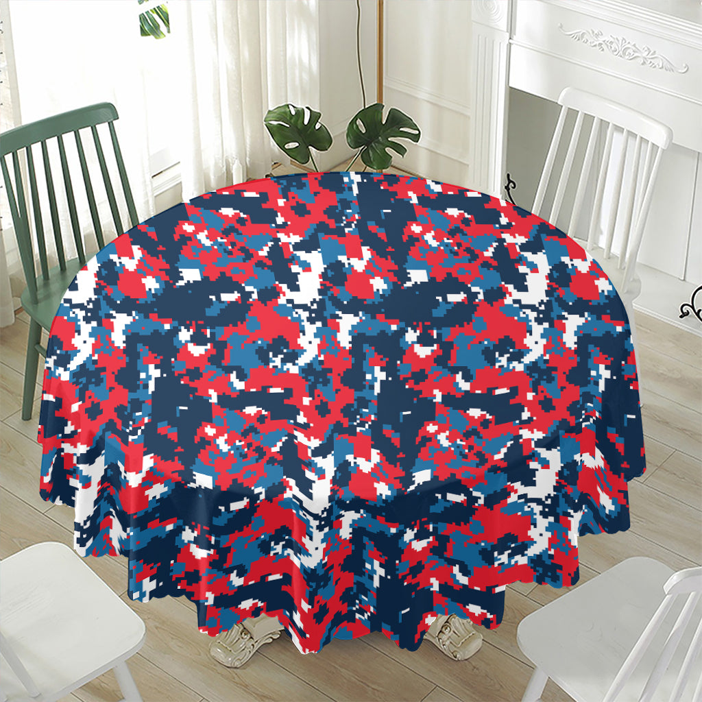 Blue Red And White Digital Camo Print Waterproof Round Tablecloth