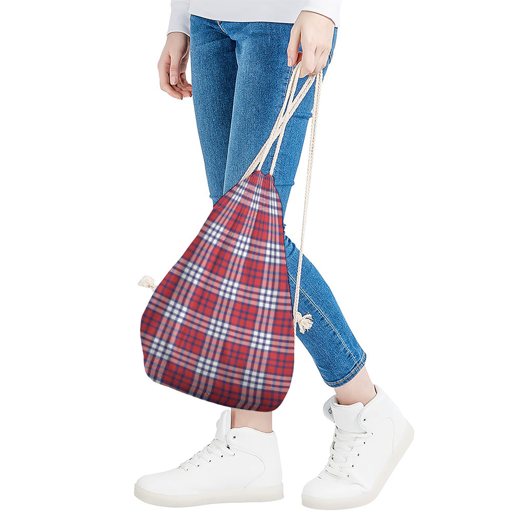 Blue Red And White USA Plaid Print Drawstring Bag
