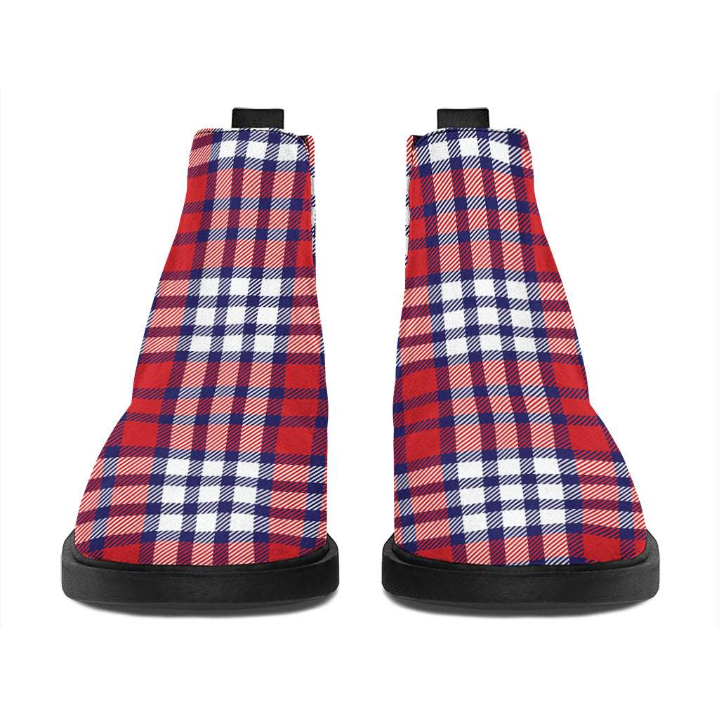Blue Red And White USA Plaid Print Flat Ankle Boots