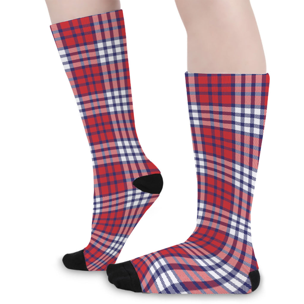 Blue Red And White USA Plaid Print Long Socks