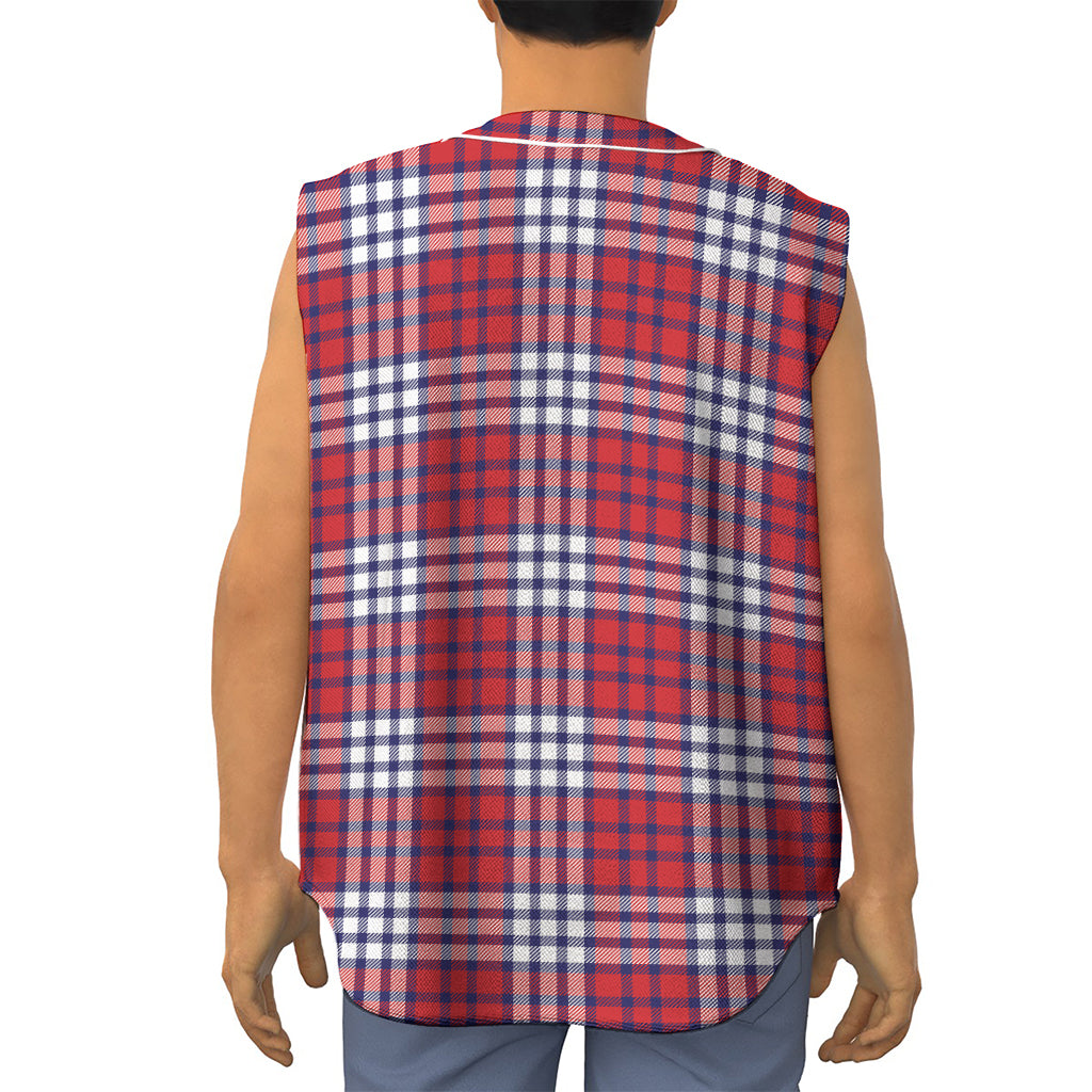 Blue Red And White USA Plaid Print Sleeveless Baseball Jersey