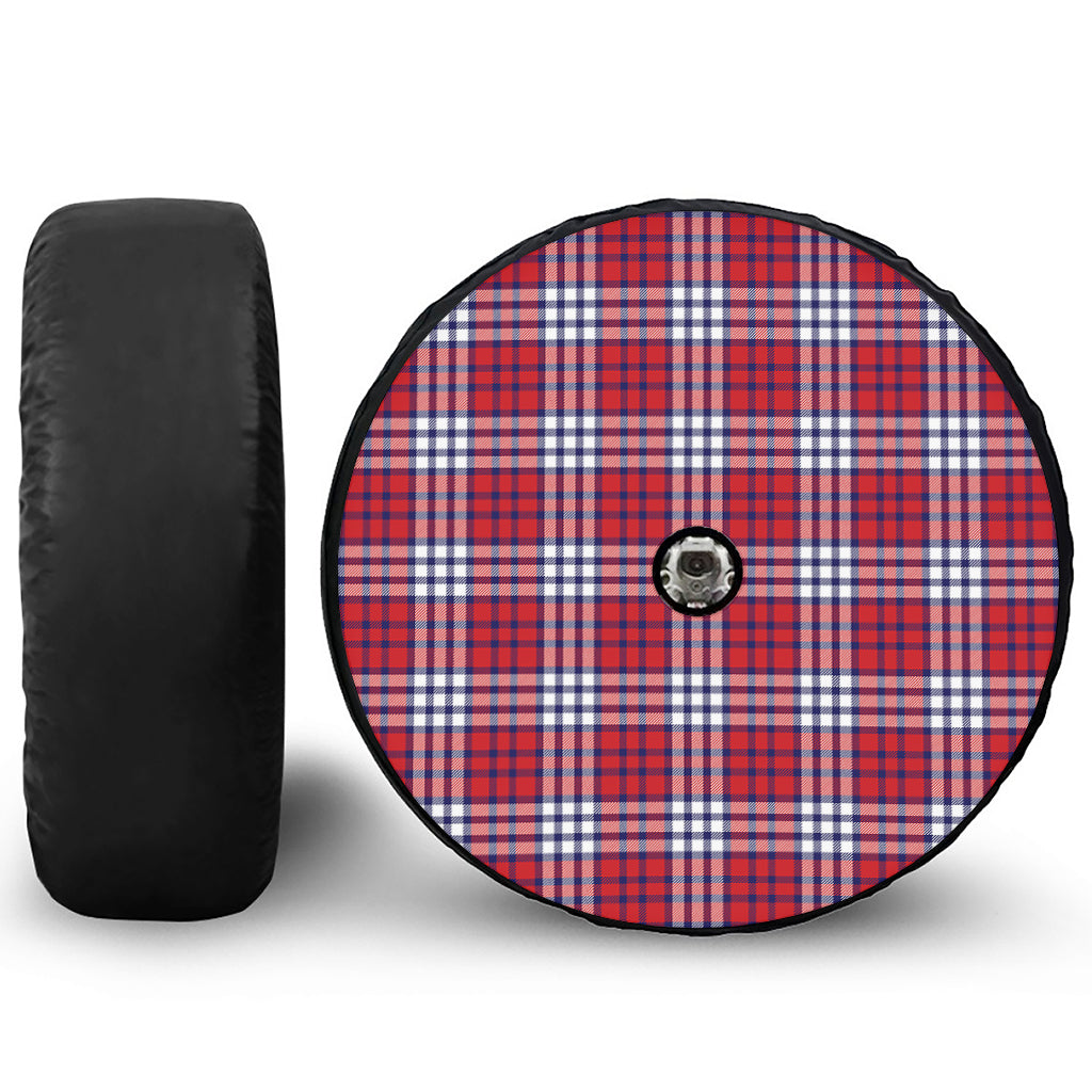 Blue Red And White USA Plaid Print Tire Cover With Camera Hole