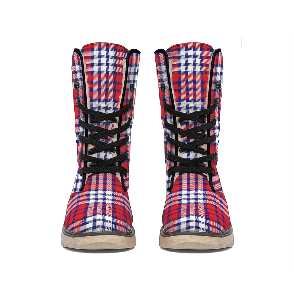 Blue Red And White USA Plaid Print Winter Boots