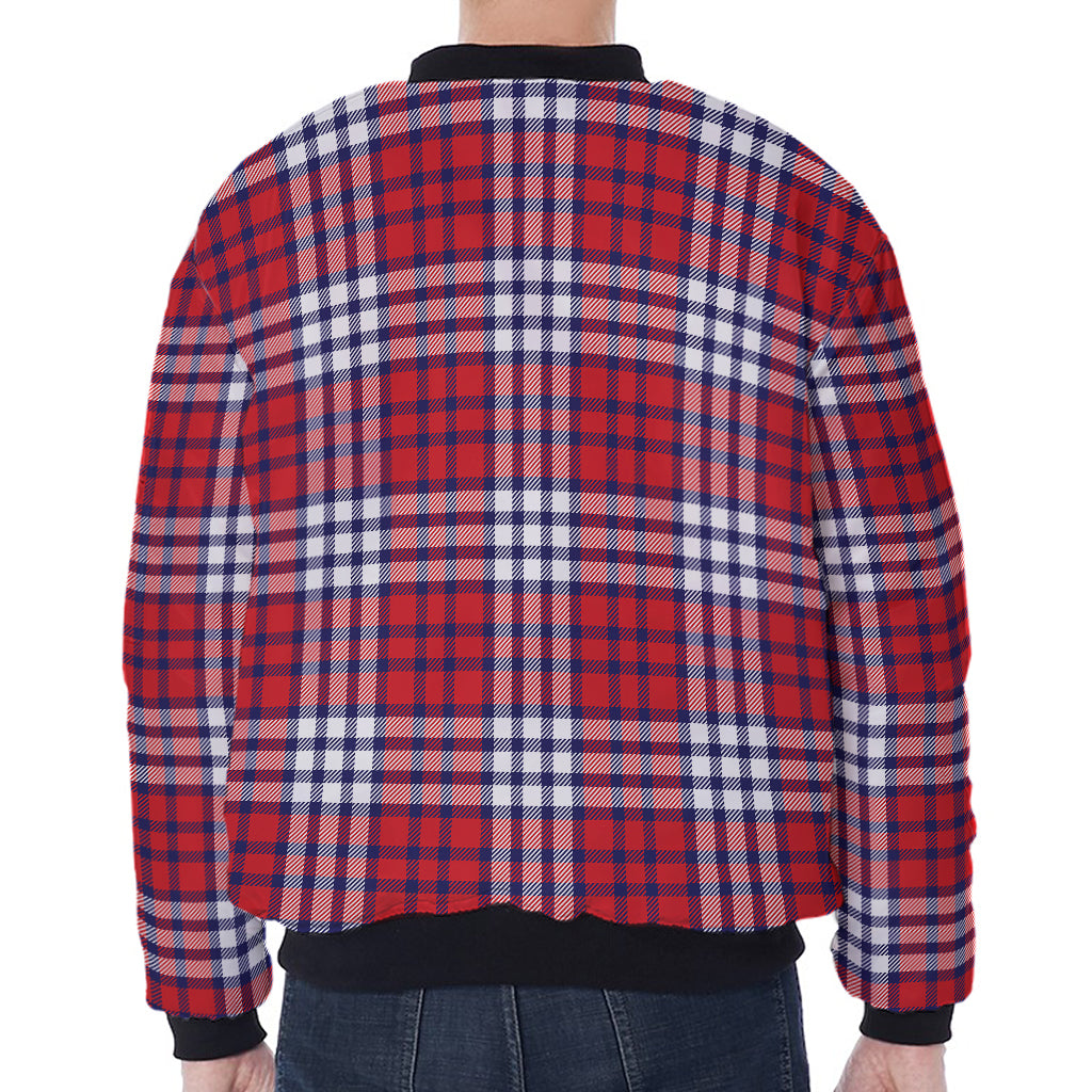 Blue Red And White USA Plaid Print Zip Sleeve Bomber Jacket