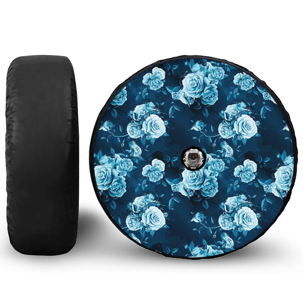 Blue Rose Floral Flower Pattern Print Tire Cover With Camera Hole