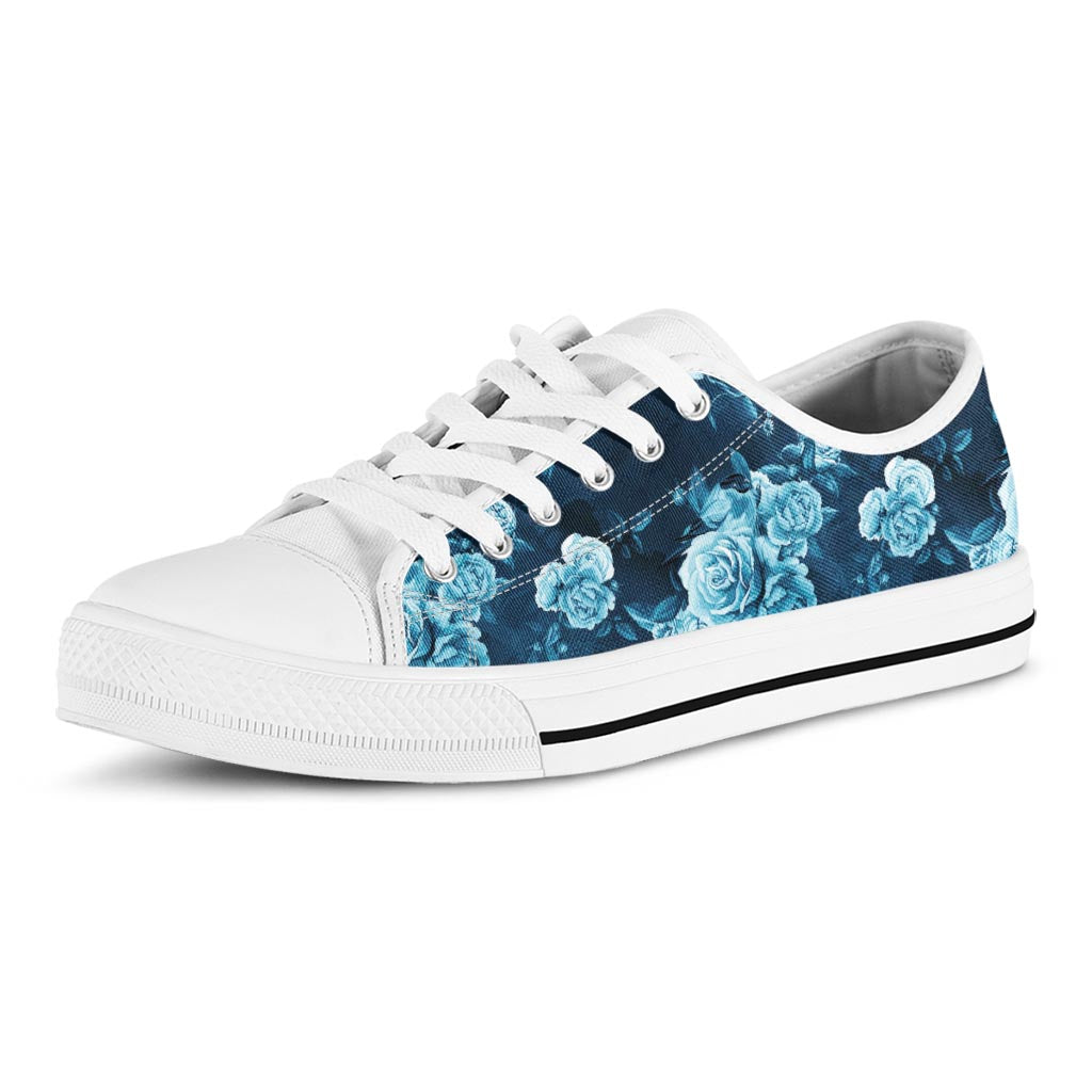 Blue Rose Floral Flower Pattern Print White Low Top Sneakers