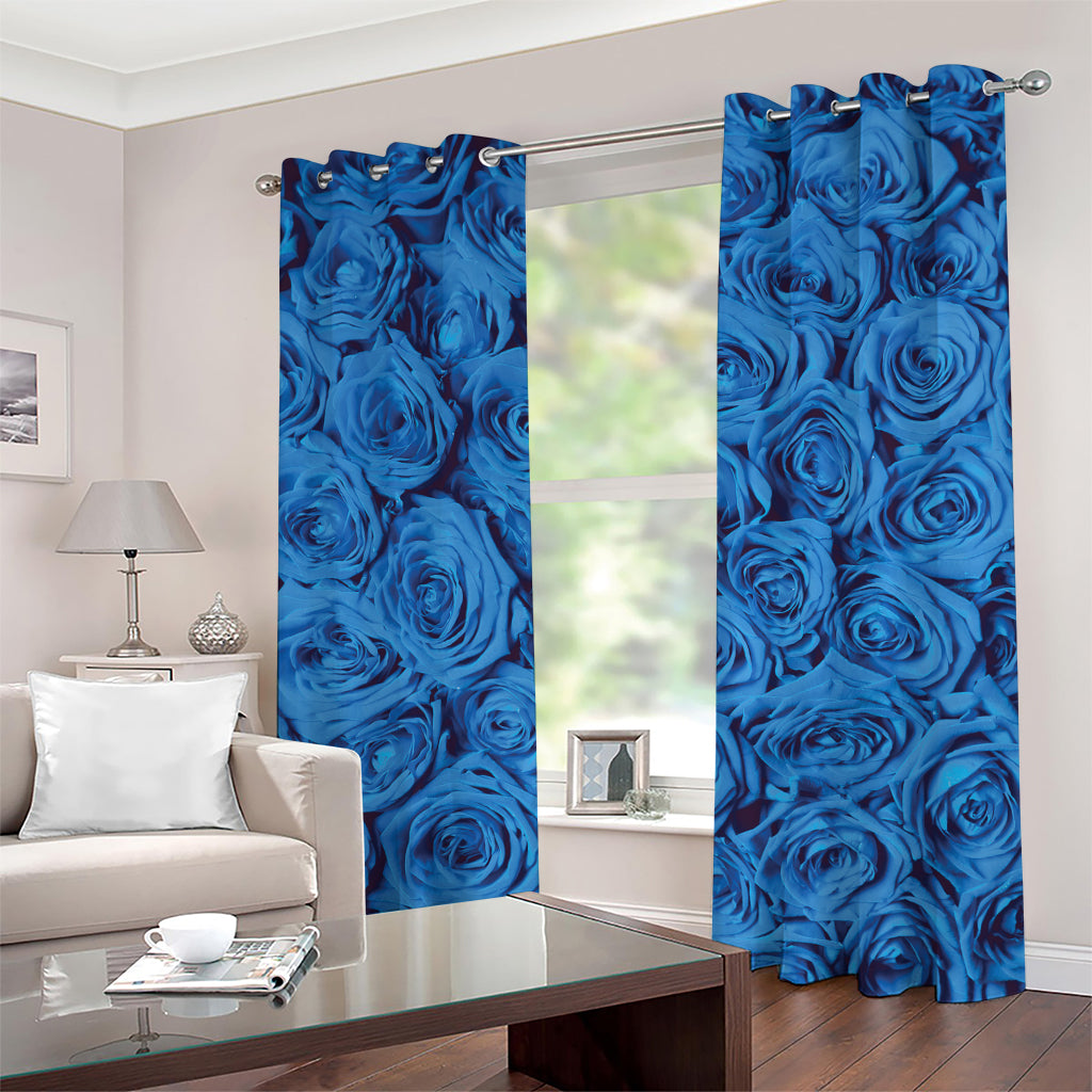 Blue Rose Print Grommet Curtains