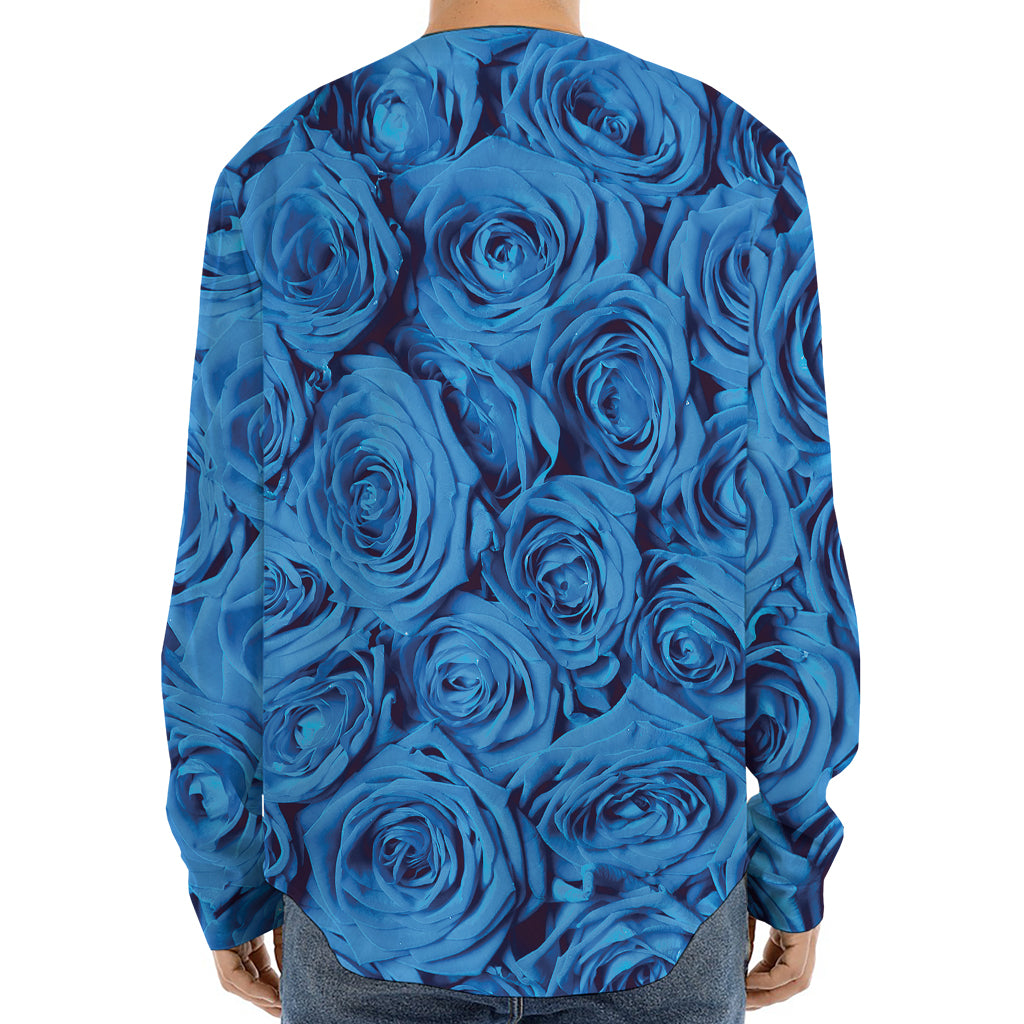 Blue Rose Print Long Sleeve Baseball Jersey