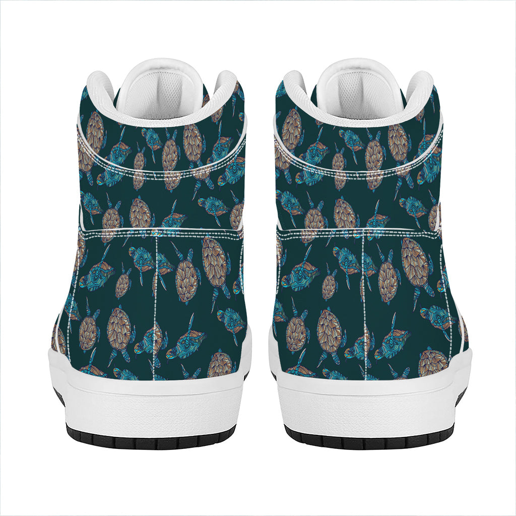 Blue Sea Turtle Pattern Print High Top Leather Sneakers