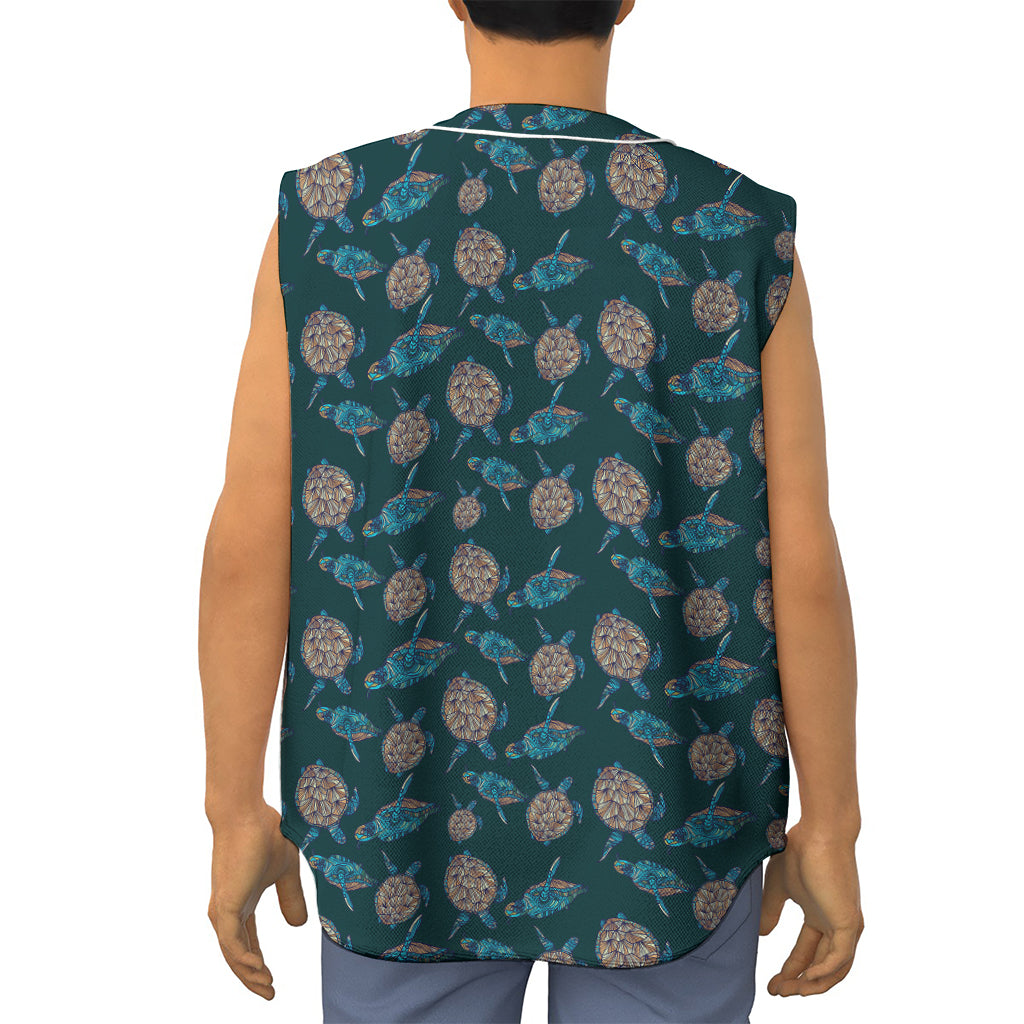 Blue Sea Turtle Pattern Print Sleeveless Baseball Jersey