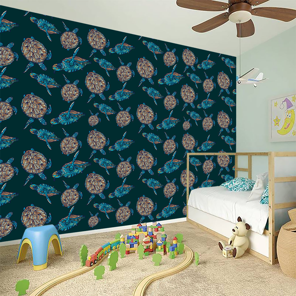 Blue Sea Turtle Pattern Print Wall Sticker