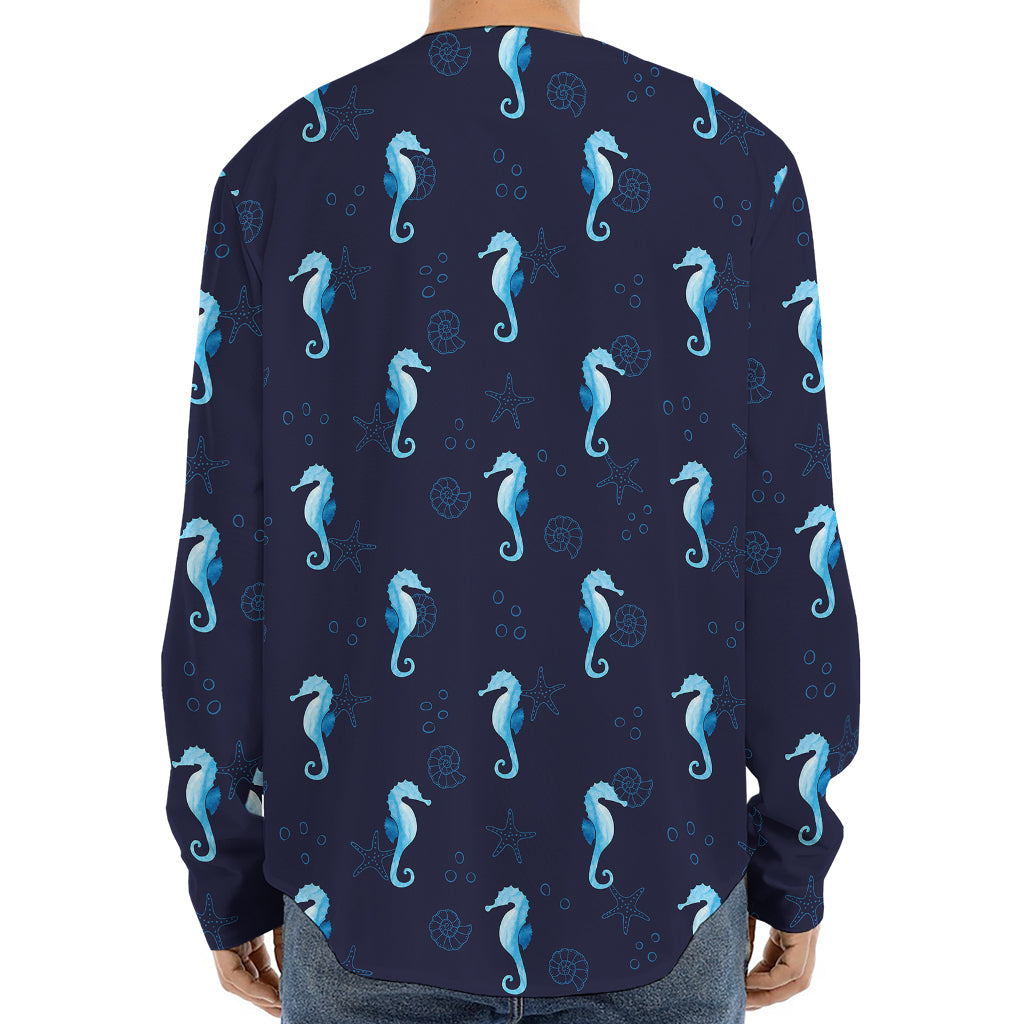 Blue Seahorse Pattern Print Long Sleeve Baseball Jersey