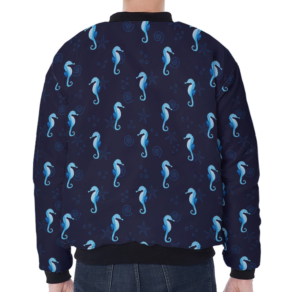 Blue Seahorse Pattern Print Zip Sleeve Bomber Jacket