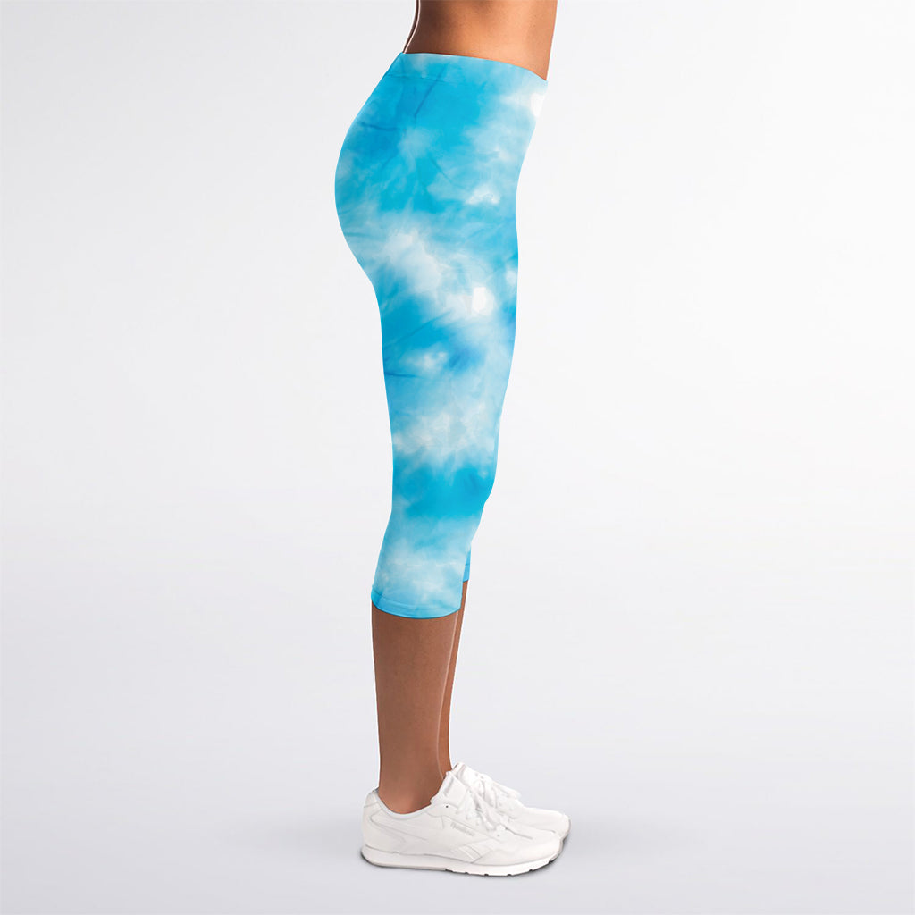 Blue Shibori Tie Dye Print Women's Capri Leggings