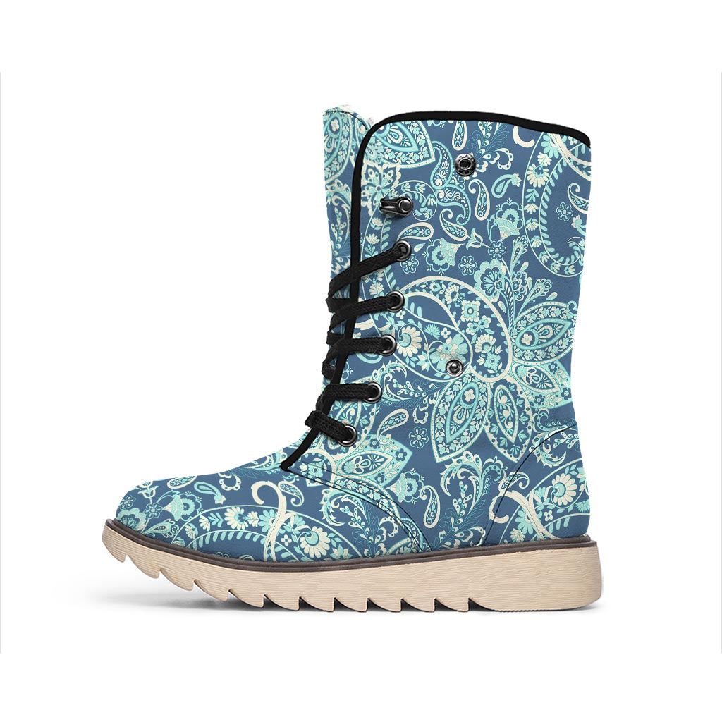 Blue Sky Paisley Bohemian Pattern Print Winter Boots