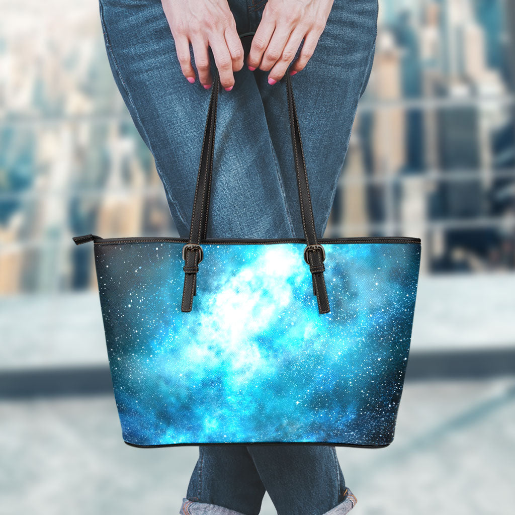 Blue Sky Universe Galaxy Space Print Leather Tote Bag