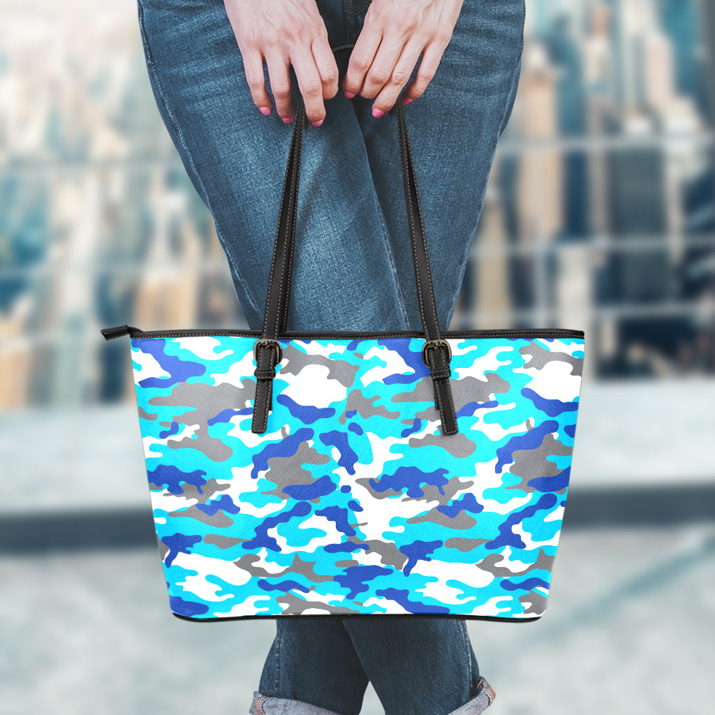 Blue Snow Camouflage Print Leather Tote Bag