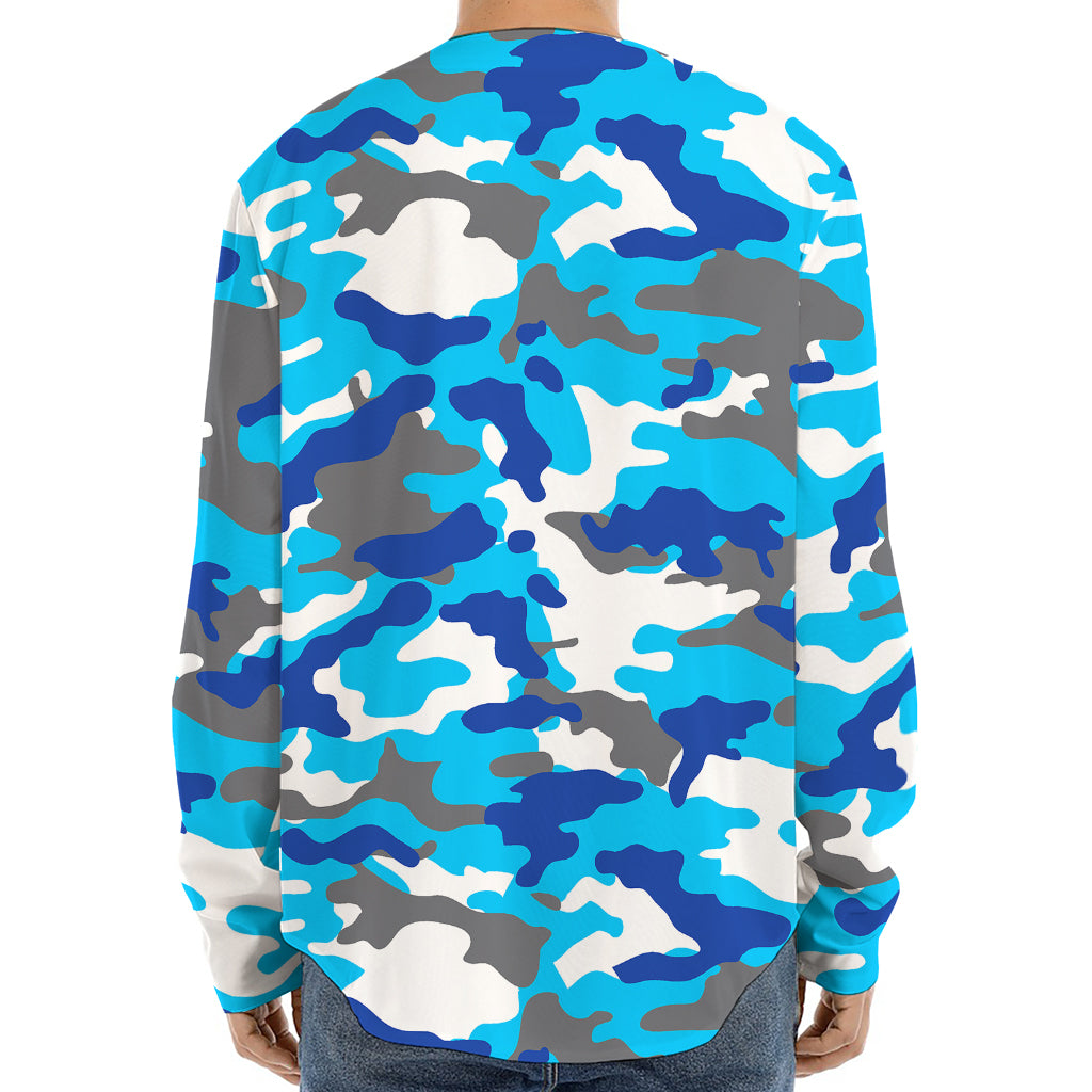 Blue Snow Camouflage Print Long Sleeve Baseball Jersey