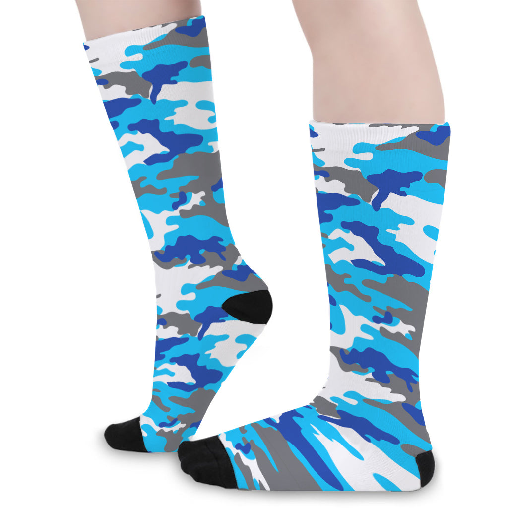 Blue Snow Camouflage Print Long Socks