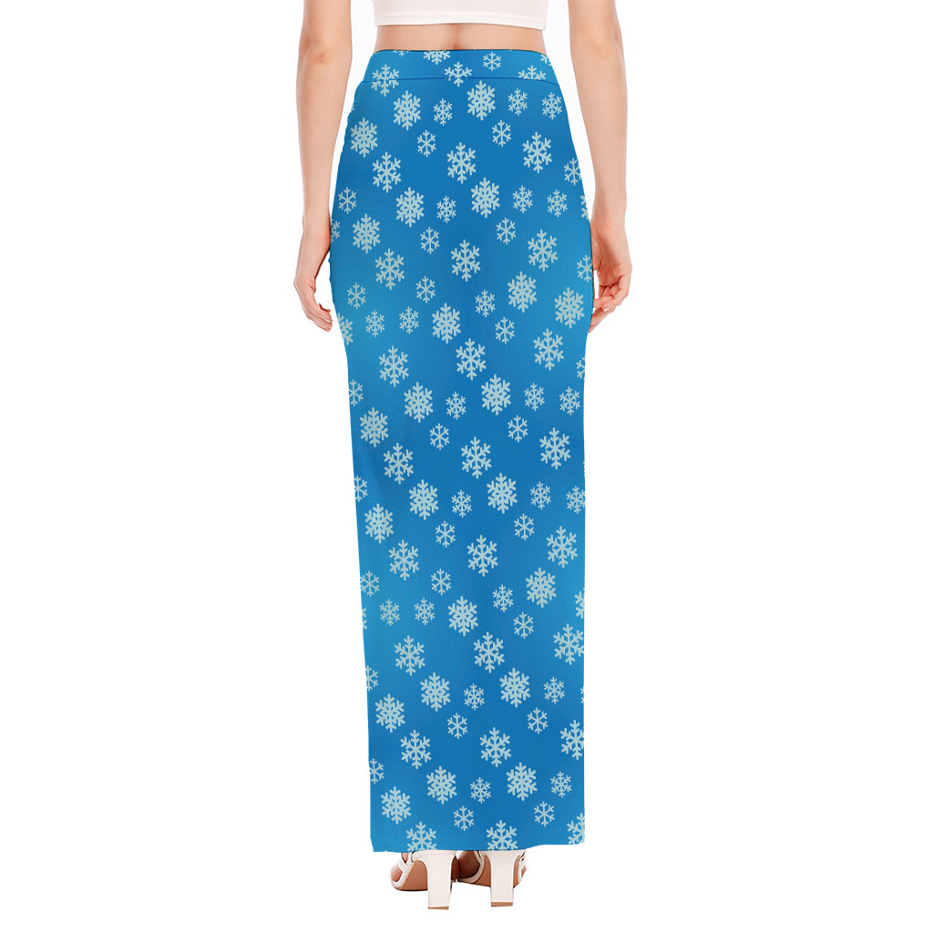 Blue Snowflake Pattern Print High Slit Maxi Skirt