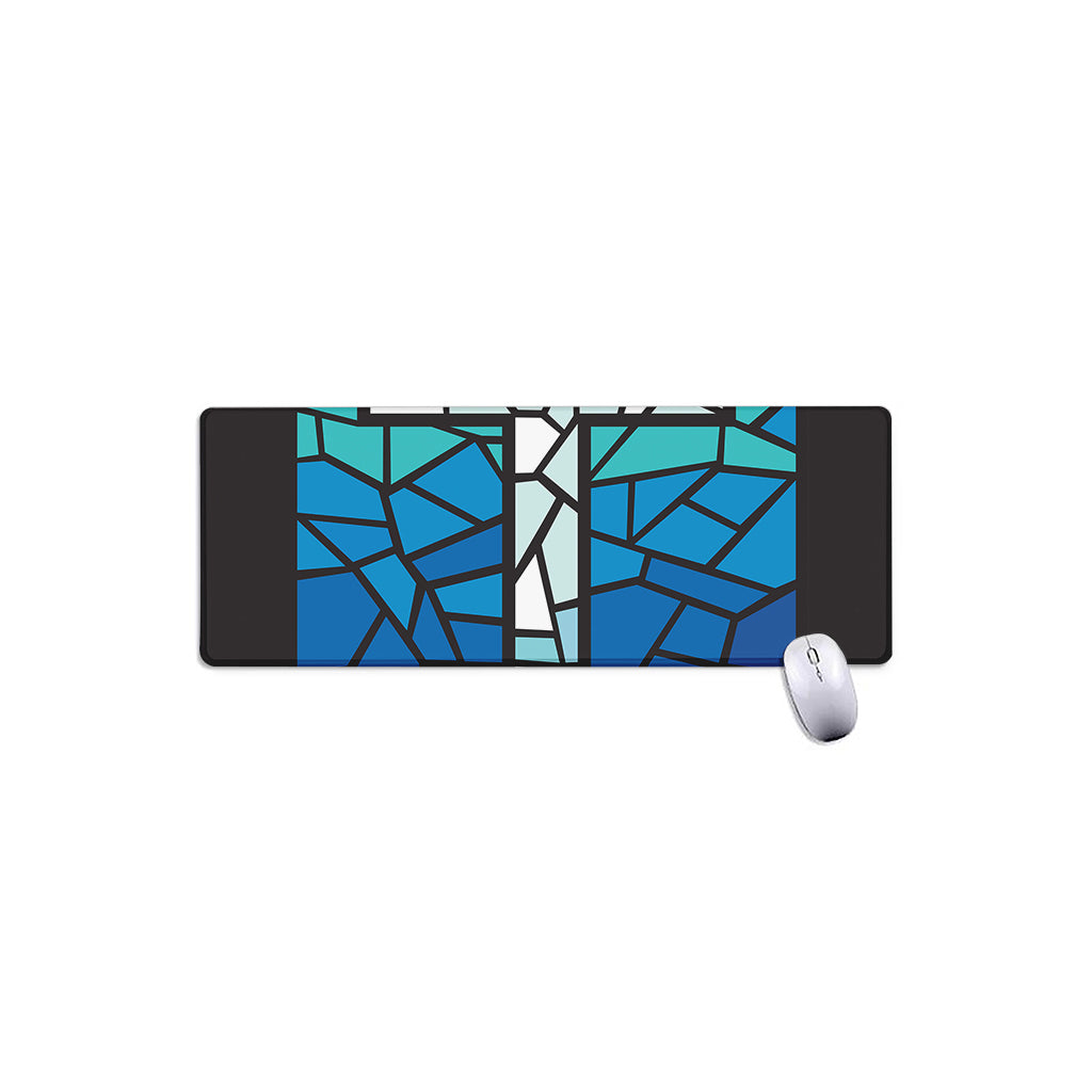 Blue Stained Glass Cross Print Extended Mouse Pad