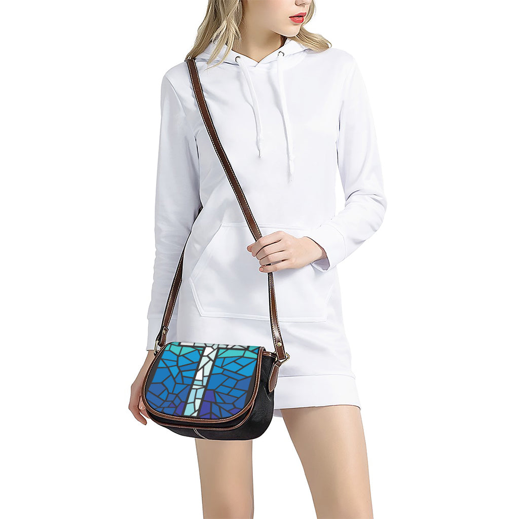 Blue Stained Glass Cross Print Saddle Bag