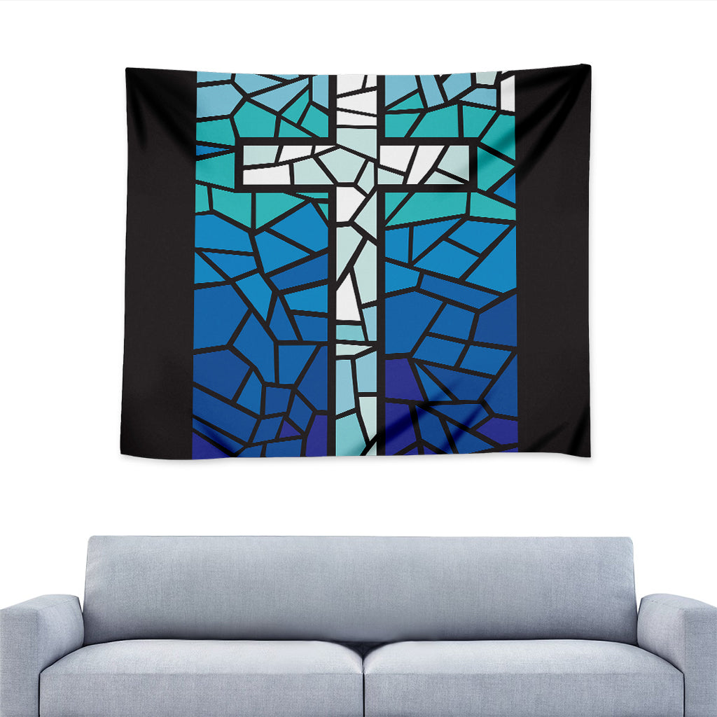 Blue Stained Glass Cross Print Tapestry