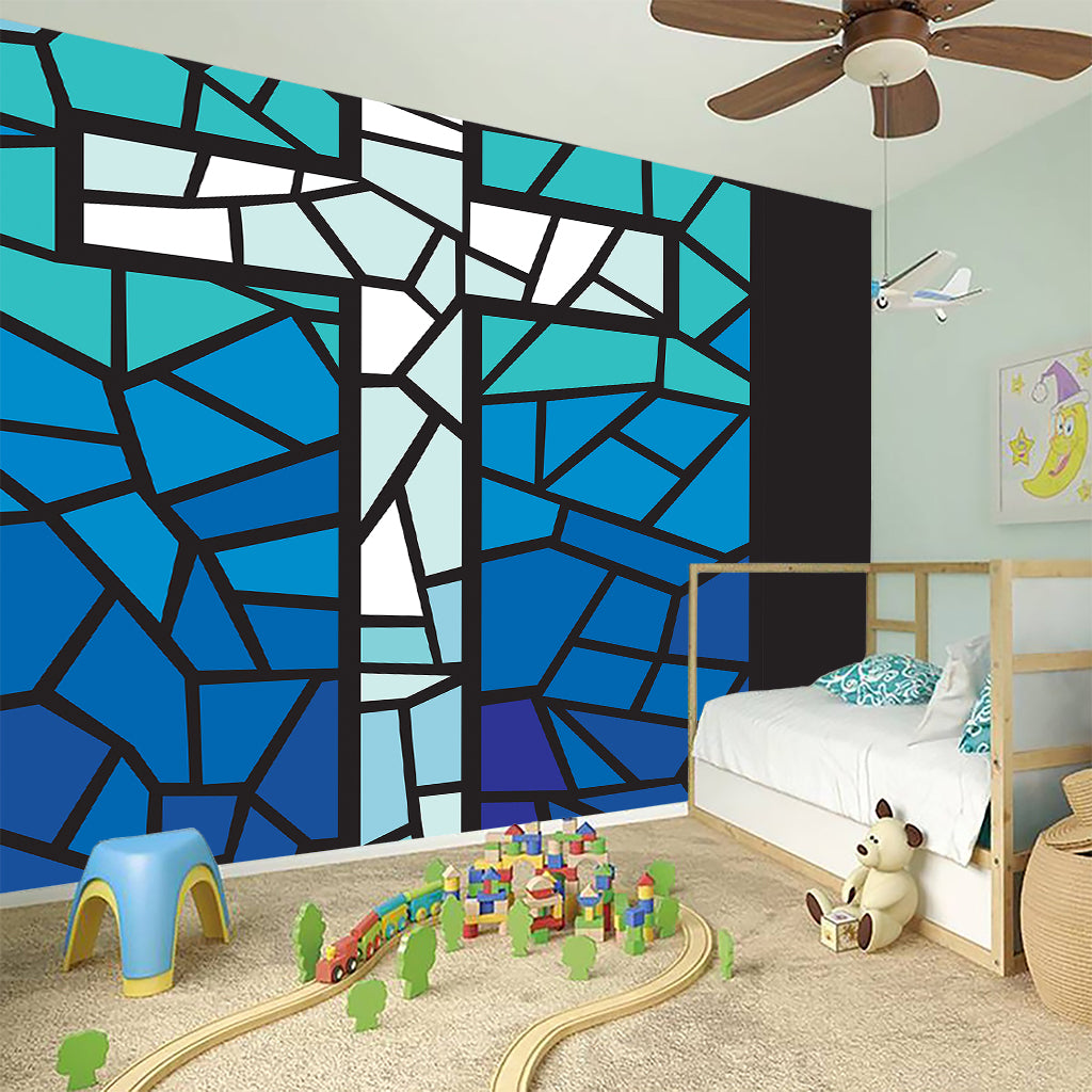 Blue Stained Glass Cross Print Wall Sticker