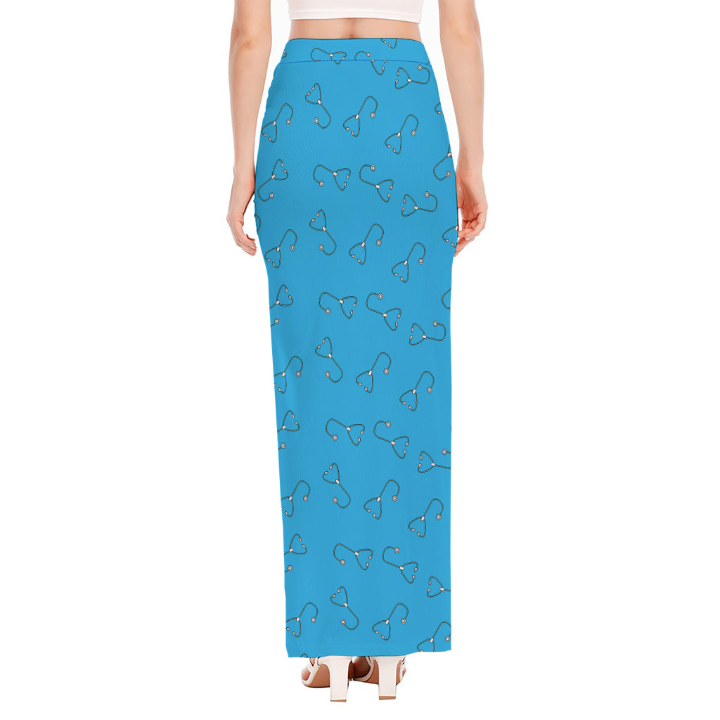 Blue Stethoscope Pattern Print High Slit Maxi Skirt