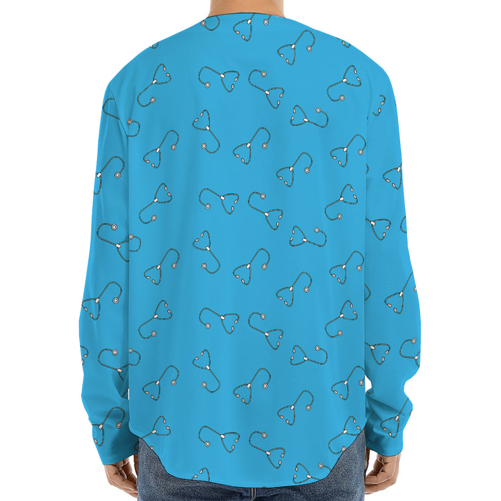 Blue Stethoscope Pattern Print Long Sleeve Baseball Jersey