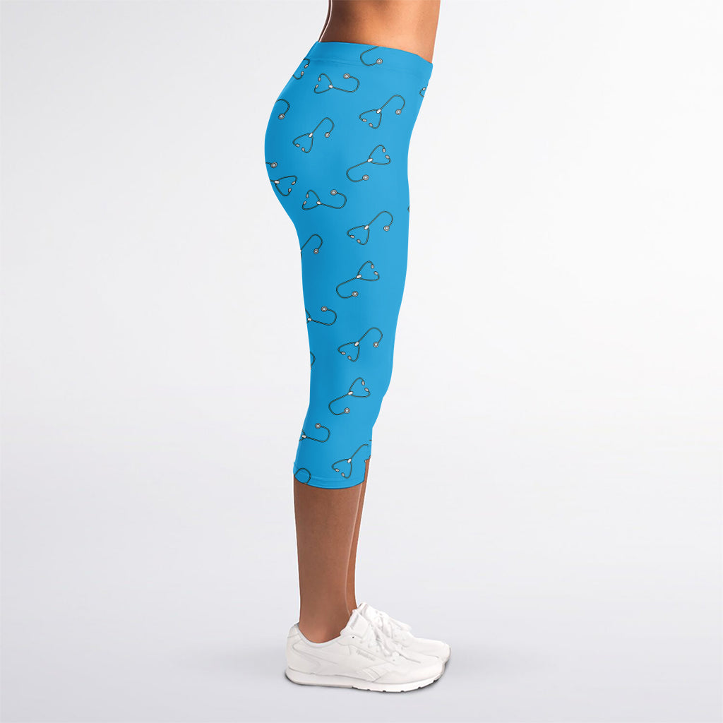 Blue Stethoscope Pattern Print Women's Capri Leggings