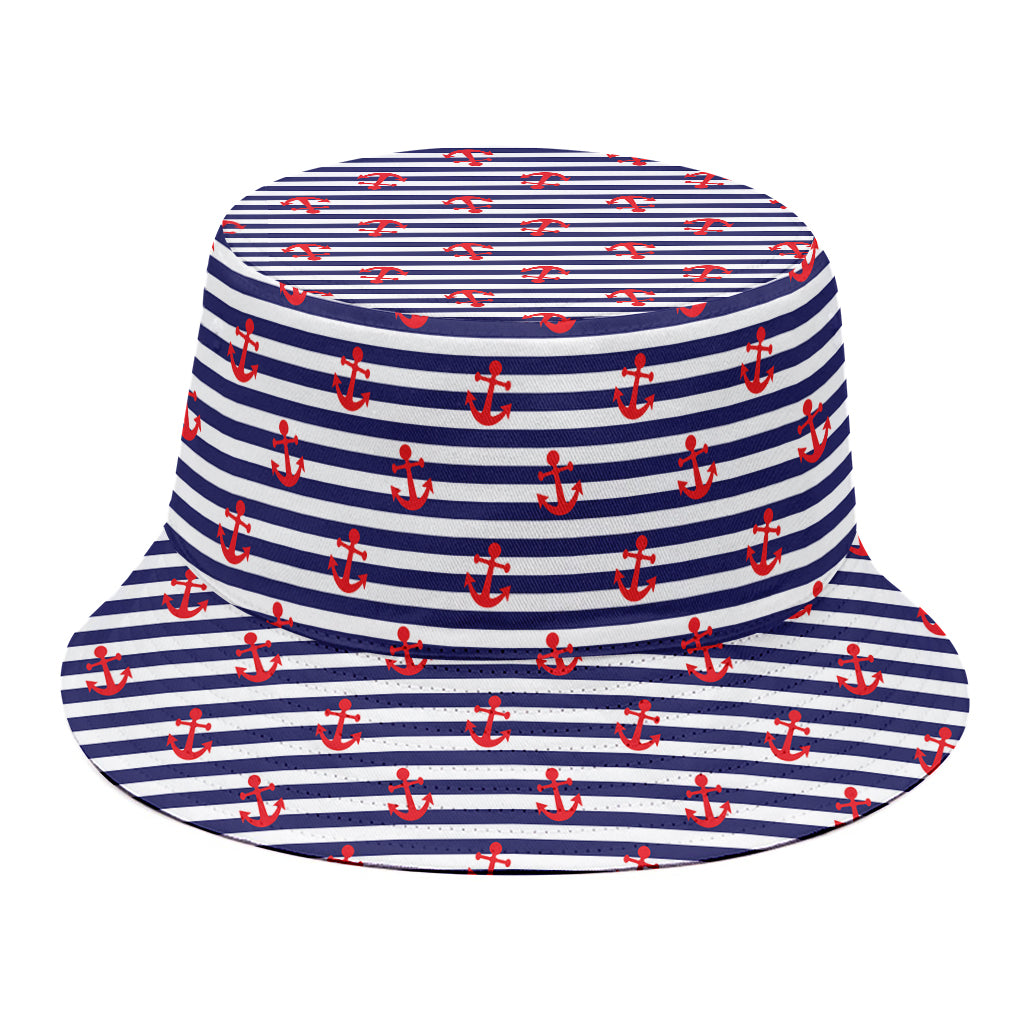 Blue Striped Nautical Anchor Print Bucket Hat
