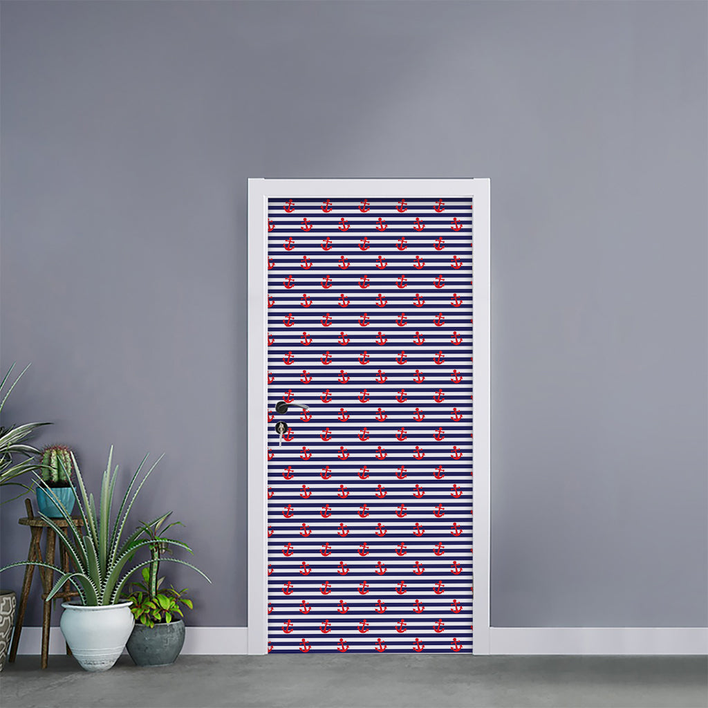 Blue Striped Nautical Anchor Print Door Sticker