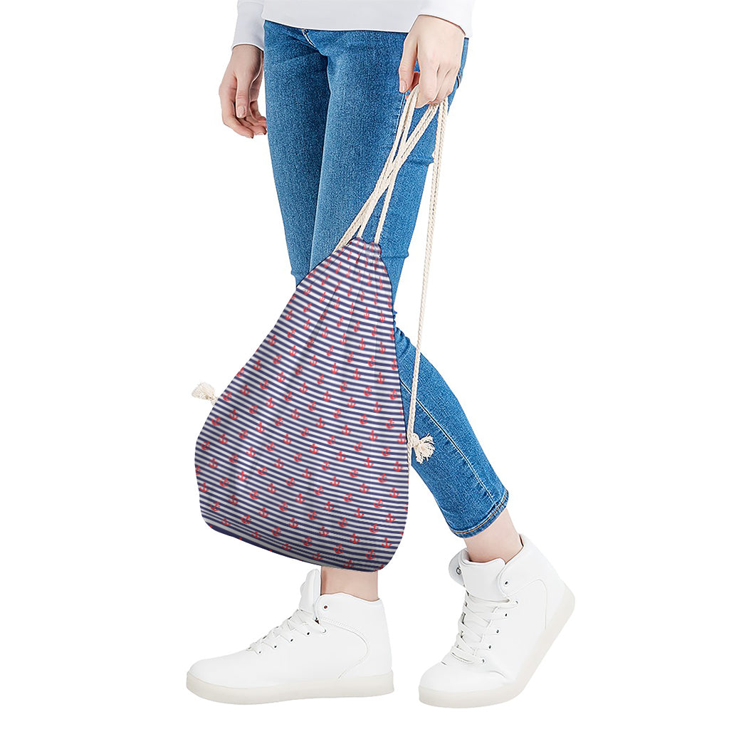 Blue Striped Nautical Anchor Print Drawstring Bag