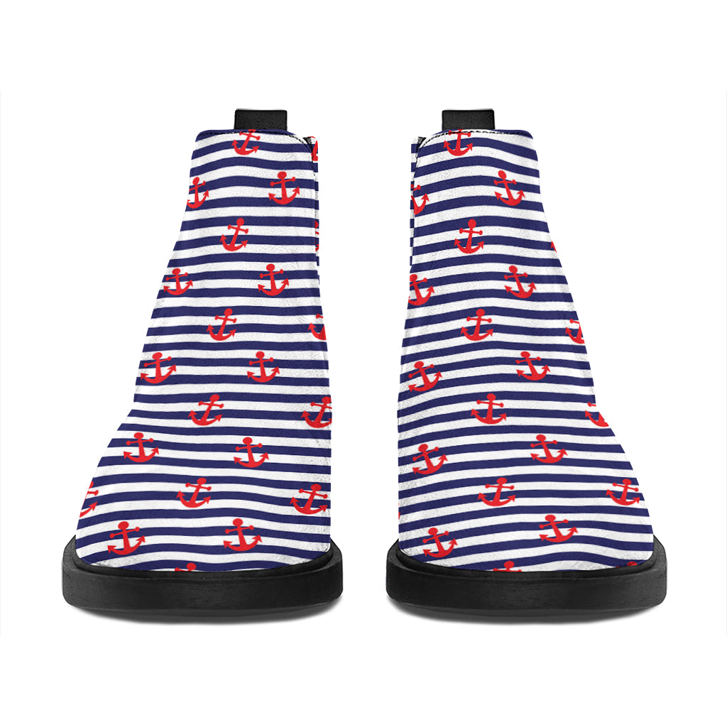Blue Striped Nautical Anchor Print Flat Ankle Boots