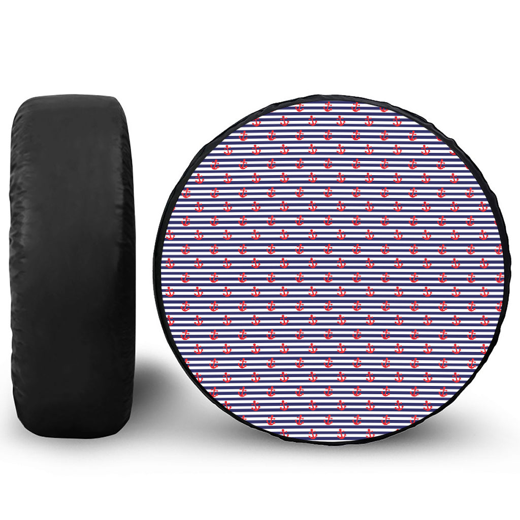 Blue Striped Nautical Anchor Print Leather Spare Tire Cover