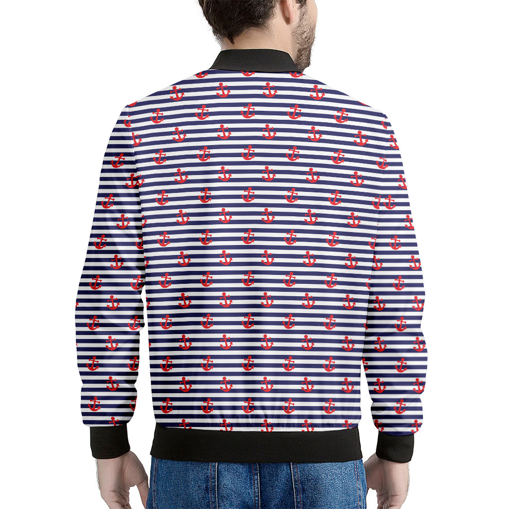 Blue Striped Nautical Anchor Print Men's Bomber Jacket