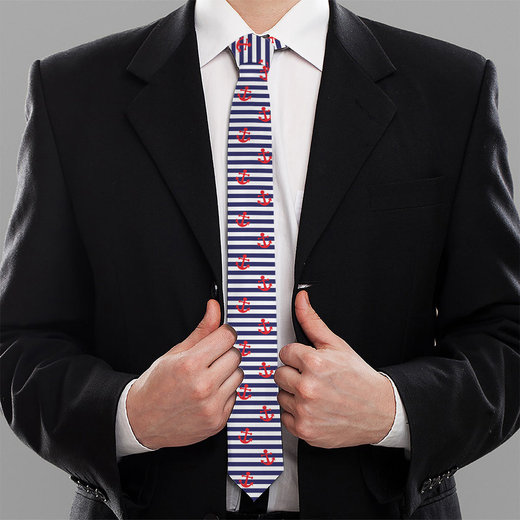 Blue Striped Nautical Anchor Print Necktie