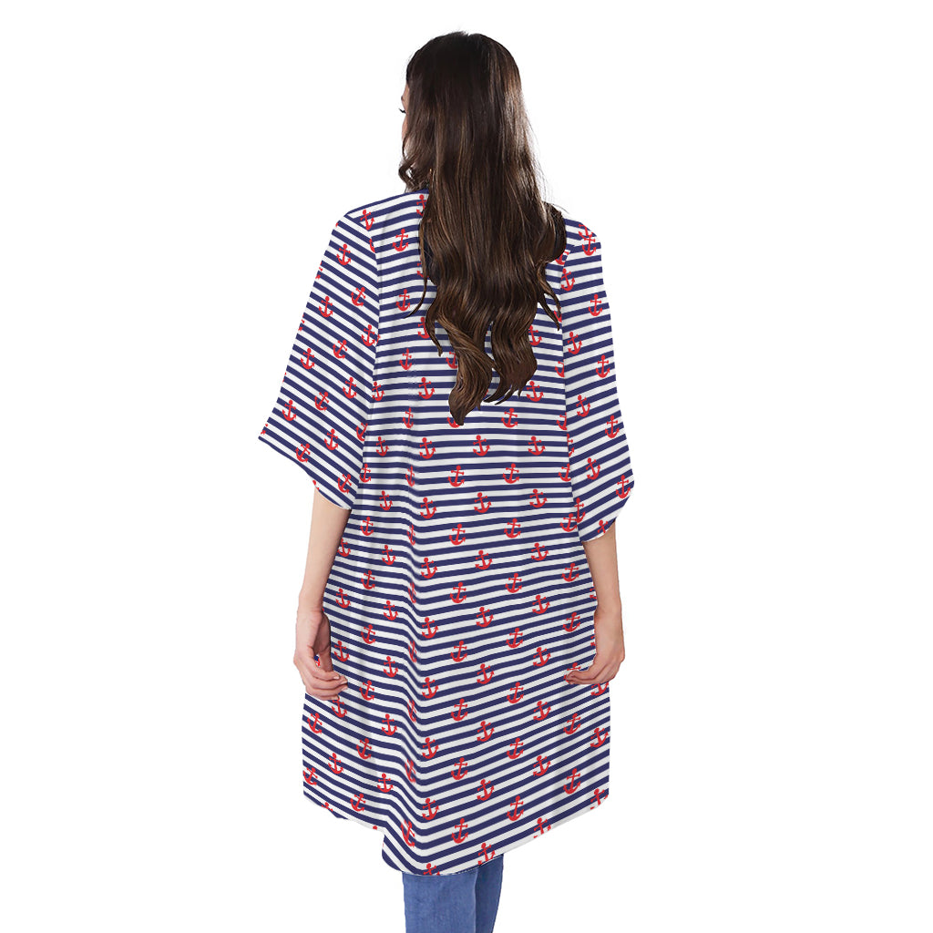 Blue Striped Nautical Anchor Print Open Front Beach Cover Up