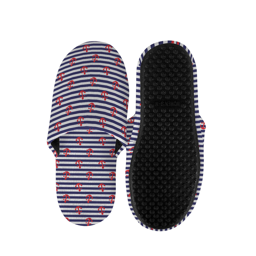 Blue Striped Nautical Anchor Print Slippers