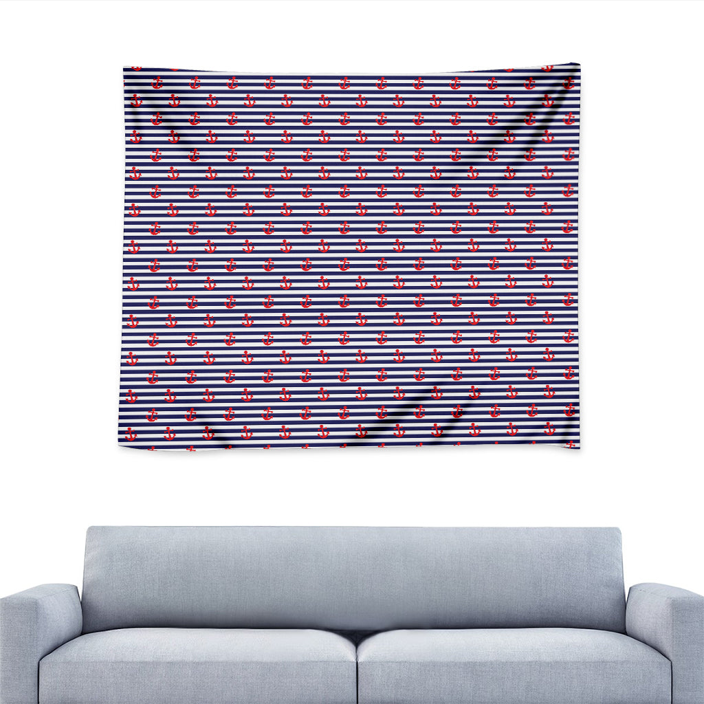 Blue Striped Nautical Anchor Print Tapestry