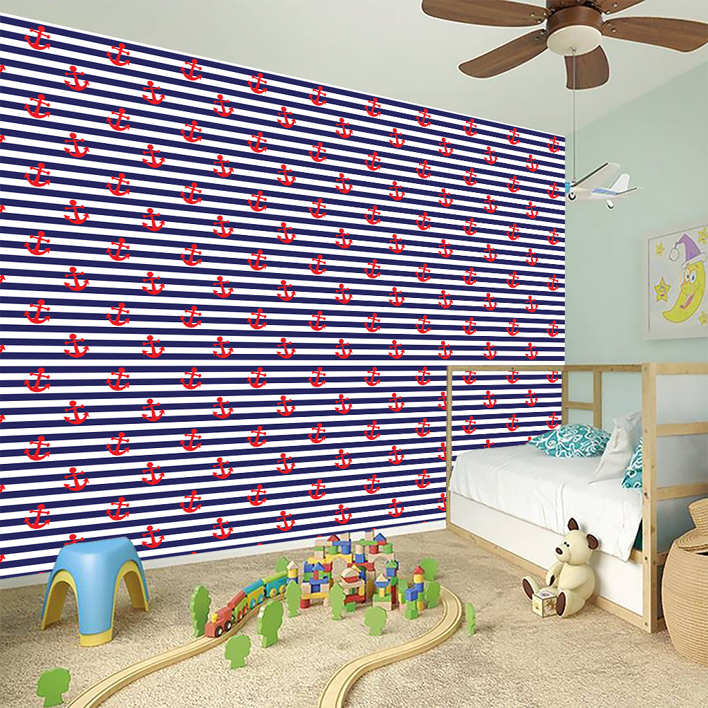 Blue Striped Nautical Anchor Print Wall Sticker